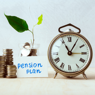 Pension Plan image with clock and pile of coins